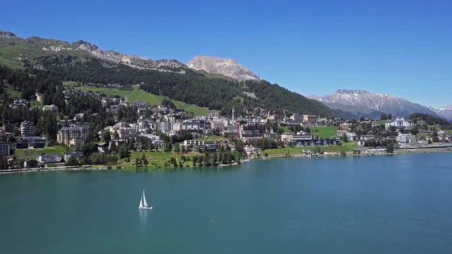 Aerial panorama of St. Moritz (Sankt Moritz), high Alpine resort town in the Engadine, Graubunden, Switzerland.