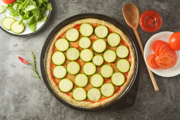 Vegetarian pizza. Cooking process of vegetable homemade pizza with fresh ingredients isolated on dark background. Copy space. Step by step photos.
