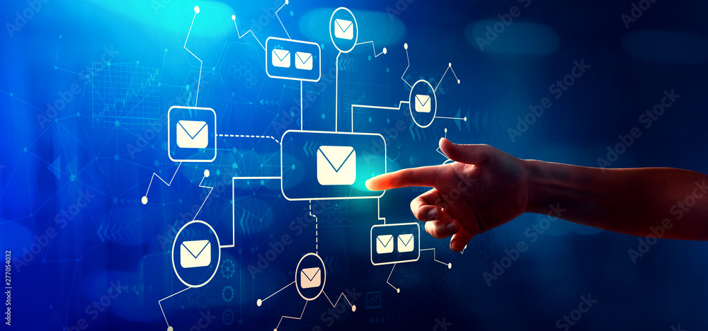 Poster emails with hand pressing a button on a technology screen
