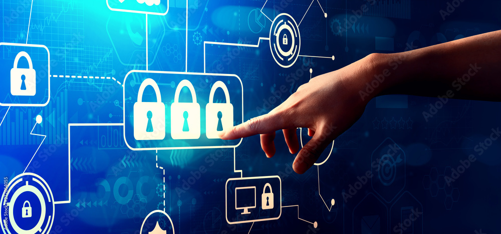 Poster cyber security theme with hand pressing a button on a technology screen