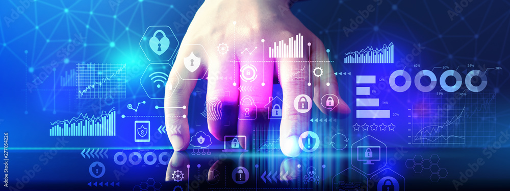 Poster cyber security theme with hand pressing tablet computer screen