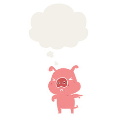 cartoon angry pig and thought bubble in retro style