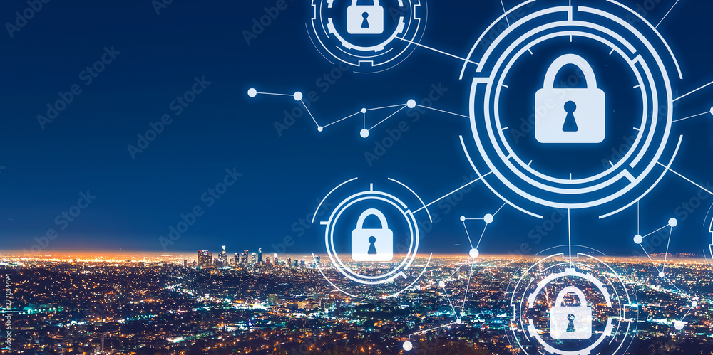 Wall mural Cyber security theme with downtown Los Angeles at night