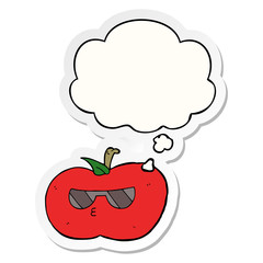 cartoon cool apple and thought bubble as a printed sticker