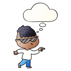 cartoon boy wearing sunglasses pointing and thought bubble in smooth gradient style