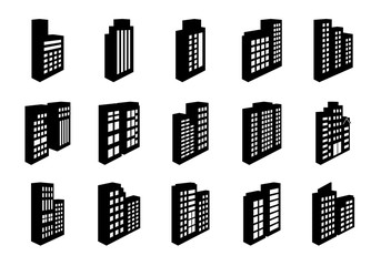 Obraz premium Perspective Company icons set on white background, Black building vector collection