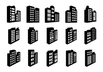 Perspective icons company set on white background, Black building line vector collection