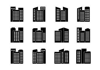 Black Company icons and vector buildings set, Isolated office collection on white background