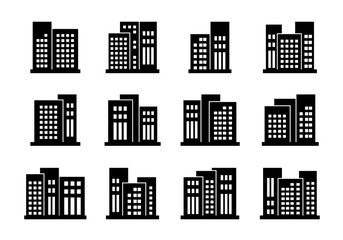 Black icons buildings and vector company set, Isolated office collection on white background