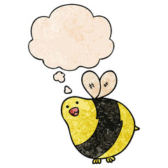 cartoon bee and thought bubble in grunge texture pattern style
