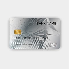 Silver credit card design. With inspiration from abstract. On white background. Glossy plastic style.