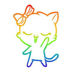 rainbow gradient line drawing cartoon cat with bow on head waving