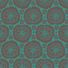 A seamless vector pattern with abstract lacy shapes in teal and brown. Srface print design.