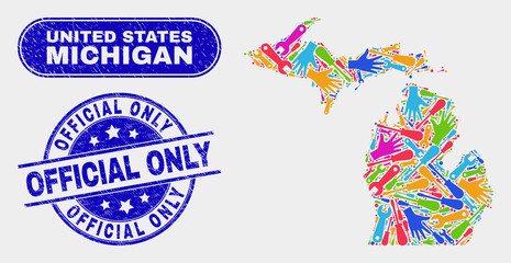 Production Michigan State map and blue Official Only textured stamp. Colorful vector Michigan State map mosaic of production. Blue round Official Only stamp.