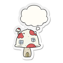 cartoon mushroom house and thought bubble as a printed sticker
