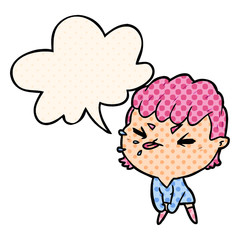 cute cartoon rude girl and speech bubble in comic book style