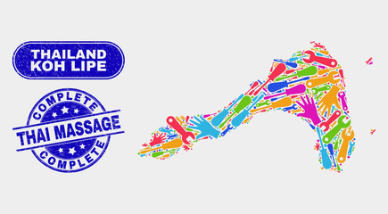 Industrial Koh Lipe map and blue Complete Thai Massage distress seal. Colored vector Koh Lipe map mosaic of workshop. Blue round Complete Thai Massage seal.