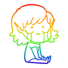 rainbow gradient line drawing cartoon crying elf girl