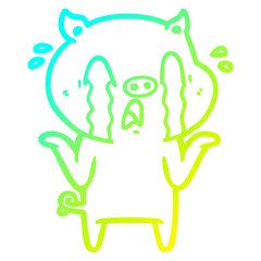 cold gradient line drawing crying pig cartoon