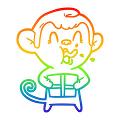rainbow gradient line drawing crazy cartoon monkey with christmas present