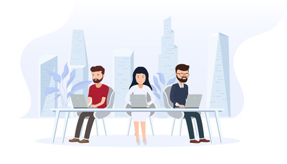 Office interior with employees. Creative office workspace with a large window and a modern city behind, desktop, laptop.