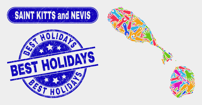 Industrial Saint Kitts and Nevis map and blue Best Holidays distress stamp. Colorful vector Saint Kitts and Nevis map mosaic of service components. Blue round Best Holidays badge.
