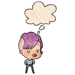 cartoon girl and thought bubble in grunge texture pattern style