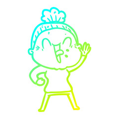 cold gradient line drawing cartoon happy old woman