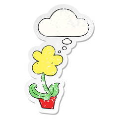 cute cartoon flower and thought bubble as a distressed worn sticker