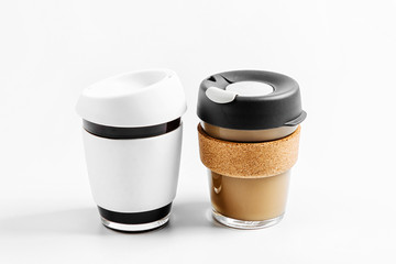 Reduce takeaway coffee cup waste with reusable coffee cups! Zero waste. Sustainable lifestyle concept.