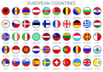 All national flags of the European countries in alphabetical order. Official colors flags and round design. Vector illustration