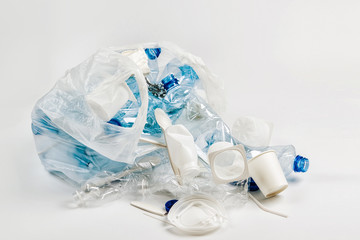 Waste collection in plastic bag. Concept of Recycling plastic and ecology. Flat lay, top view