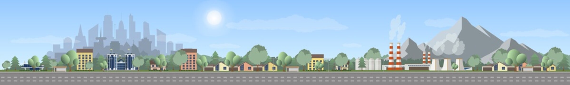 Vector of urban landscape with empty highway, with industry zone over mountain landscape, Panoramic cartoon, modern cityscape over green trees and blue sky.