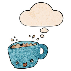 cartoon cup of coffee and thought bubble in grunge texture pattern style