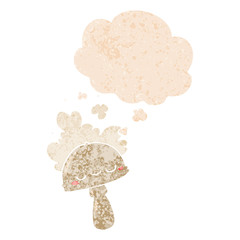 cartoon mushroom with spoor cloud and thought bubble in retro textured style