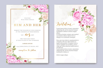 Fototapeta na wymiar beautiful wedding invitation card with elegant floral and leaves template
