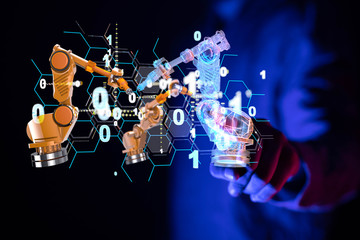Industry 4.0 concept -  Robot arm in smart factory background.
