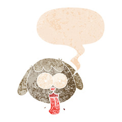 cartoon dog face panting and speech bubble in retro textured style