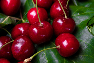 Basket of ripe sweet cherries as a background