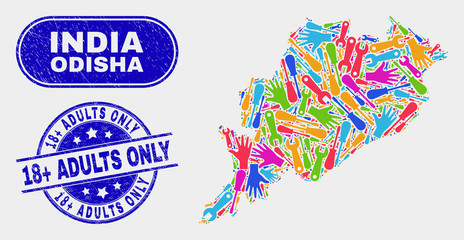 Tools Odisha State map and blue 18+ Adults Only scratched seal stamp. Colorful vector Odisha State map mosaic of service units. Blue round 18+ Adults Only stamp.