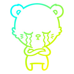 cold gradient line drawing crying cartoon bear with folded arms