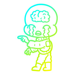 cold gradient line drawing cartoon big brain alien crying and pointing