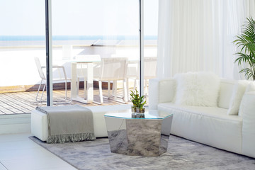 Interior of the living room of the hotel. Beautiful living room with white sofa. White Concept...