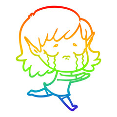 rainbow gradient line drawing cartoon crying elf girl