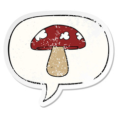 cartoon mushroom and speech bubble distressed sticker