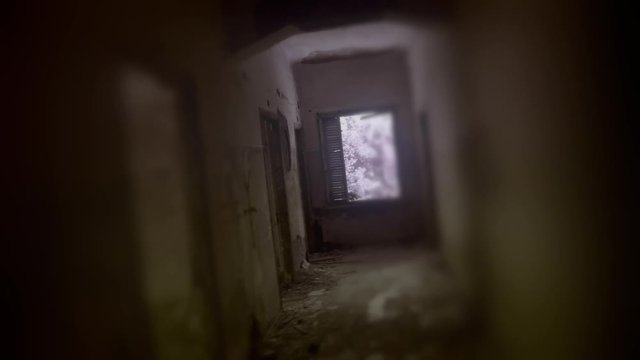 VR simulation horror video game in abandoned scary building