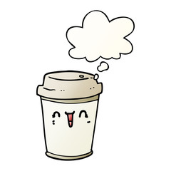 cartoon take out coffee and thought bubble in smooth gradient style