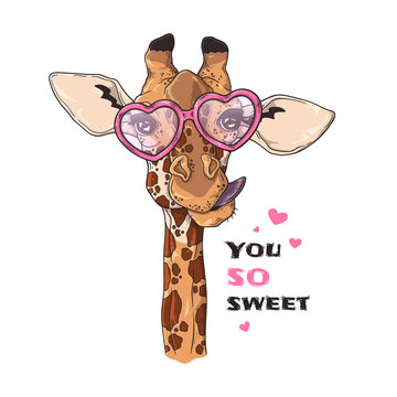 Vector sketching illustrations. Portrait of funny giraffe in custom glasses.