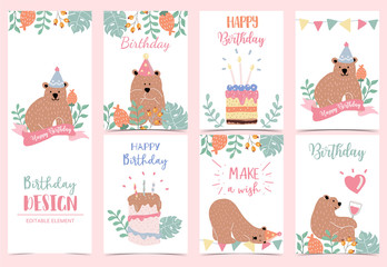 Collection of birthday background set with bear,cake,leaves,flower.Vector illustration for birthday invitation,postcard and sticker.Editable element