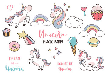 pastel unicorn set with unicorn,head,cupcake,rainbow,cloud,star.vector illustration for sticker,postcad,birthday invitation © piixypeach